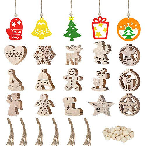 Product Cover Blulu 60 Pieces Christmas Wooden Ornaments Wooden Craft Embellishments Hanging Ornaments Decoration Unfinished Ornaments Xmas Tree Hanging Tag with 60 Pieces Strings and Natural Wood Beads