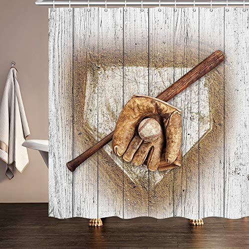 Product Cover JAWO Baseball Shower Curtain for Bathroom, Grunge Baseball Glove Bat on Wooden Men Boys Sports Theme Profession Polyester Fabric Bath Accessories Curtains Decor with 12PCS Hooks 69X70 Inches