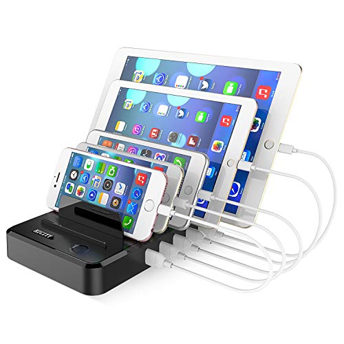 Product Cover Cell Phone Charging Station Dock for Multiple Devices, 40W/8A, 5-Port USB Charging Organizer, HICITY Fast Charging Docking Station for Cell Phones and Tablets- Black