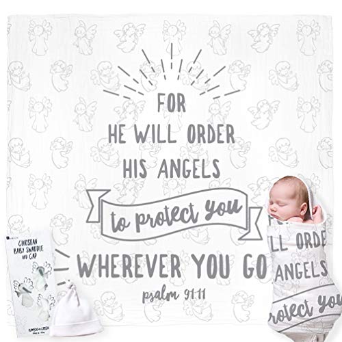 Product Cover Christian Baby Swaddle Bible Quote Blanket and Cap Gift Set. Integrated Card, with Welcoming Prayer. For Christening, Baptism, Shower, Sentimental Receiving Blanket, Boy / Girl. Gift Card Not Required
