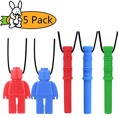 Product Cover Chew Necklace by GNAWRISHING - 5-Pack - Perfect for Autistic, ADHD, SPD, Oral Motor Children, Kids, Boys, and Girls (Tough, Long-Lasting)