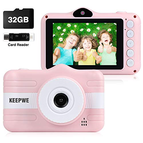 Product Cover Kids Camera, Digital Camera for Kids Gifts, Camera for Kids 3-10 Year Old 3.5 Inch Large Screen with 32GB SD Card, SD Card Reader, 2019 Upgraded (Pink)