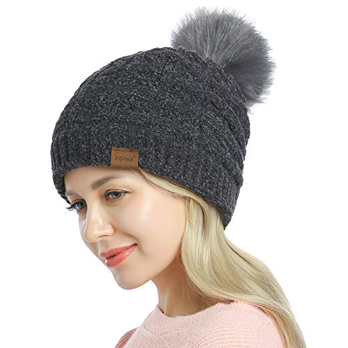 Product Cover ViGrace Womens Winter Hat Slouchy Warm Beanie Chenille Hats Detachable Faux Fur Pom Pom Baggy Cap with Fleece Lined for Women