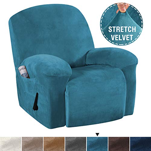Product Cover H.VERSAILTEX 1 Piece Stretch Real Super Velvet Plush Recliner Slipcovers, Recliner Chair Cover, Recliner Cover Furniture Protector Elastic Bottom, Recliner Slipcover with Side Pocket, Peacock Blue