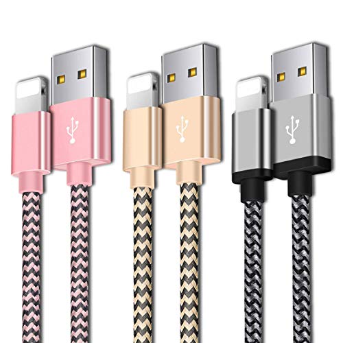 Product Cover OTISA Phone Charger Cable, Charger Cord 3Pack 5FT Nylon Braided Durable Charging Cable Fast Charging Compatible Phone X/Xs/Xr/8/8Plus/7/7Plus/6/6Plus/5/5SE Pad Pod & More (Pink Gold Sliver)
