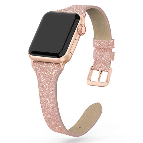 Product Cover SWEES Leather Band Compatible for Apple Watch 38mm 40mm, Shiny Bling Glitter Matte Slim Elegant Genuine Leather Strap Compatible iWatch Series 5/4 /3/2 /1 Sport Edition Women, Glistening Rose Gold