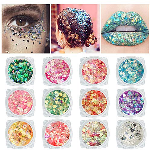 Product Cover 12 Colors Self-adhesive Chunky Body Face Glitter - Holographic Cosmetic Glitter For Hair Eye Nail Art, Colorful Mixed Makeup Palette for Festival, No Need Extra Glue