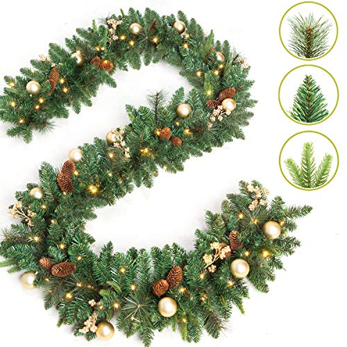 Product Cover LIFEFAIR 9 Foot by 12 Inch Christmas Garland with 50 Clear Lights, 340 Branch Tips, Three Different Types of Green Leaves, Pinecones, Gold Berries and Gold Ball