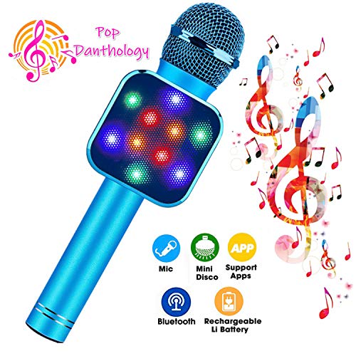 Product Cover ShinePick Wireless Bluetooth Karaoke Microphone with Controllable LED Lights, 5 in 1 Portable Handheld Karaoke Mic Speaker Machine, Home KTV Player Christmas Birthday Party for Android/iPhone/PC(Blue)
