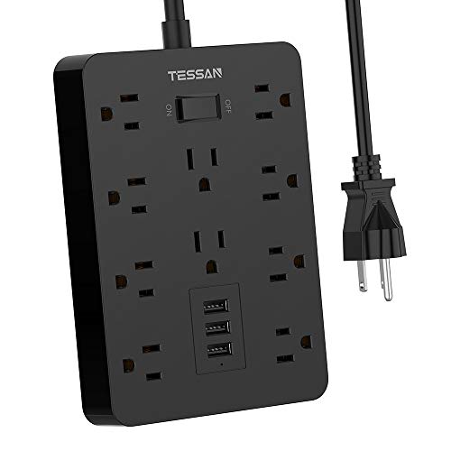 Product Cover Power Strip, TESSAN Mountable Extension Cord with 3 USB Charger, 10 Widely Spaced AC Outlets, 1875W/15A 4FT Cord, Built-in Security Module Safeguard Home and Office Devices, Black
