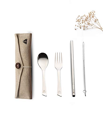Product Cover Minimo Steelery Reusable Stainless Steel Cutlery Set. Ideal for Daily use, Gifting and Traveling (Contains : Spoon, Fork,Straw and Cleaner, Napkin, Jute Pouch) (Beige, Spoon + Fork)
