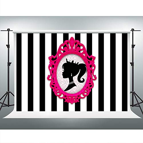 Product Cover Black and White Stripes Backdrop Doll Head Photo Frame Background for Barbie Themed Party 7x5ft Glamour Girl Birthday Party Banner Cake Table Decorations LSVV903