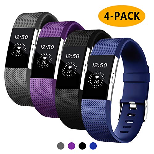 Product Cover Fondenn Bands Compatible with Fitbit Charge 2, Classic Adjustable Replacement Sport Strap Bands for Fitbit Charge 2 Smartwatch Fitness Wristband (#Black/Grey/Slate/Plum, Large 6.7