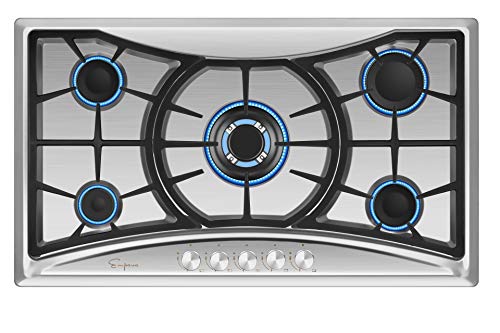 Product Cover Empava 36XGC202 36 Inch Stainless Steel Gas Professional 5 Italy Sabaf Burners Stove Top Certified with Thermocouple Protection Cooktops, Silver