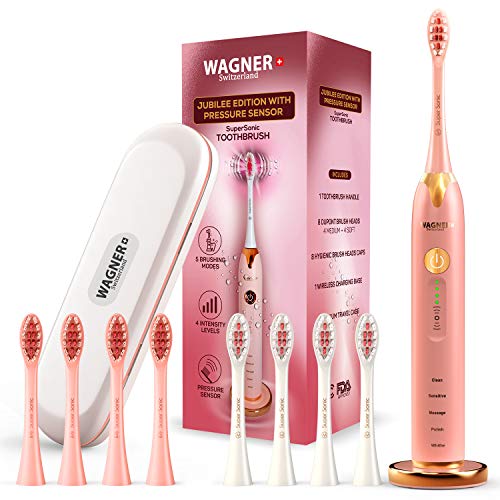 Product Cover WAGNER Switzerland JUBILEE EDITION SuperSonic toothbrush with PRESSURE SENSOR. 5 Brushing Modes and 4 INTENSITY Levels with 3D sliding control, 8 DuPont Bristles, Premium Travel Case