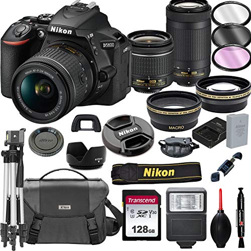 Product Cover Nikon D5600 DSLR Camera with 18-55mm VR and 70-300mm Lenses + 128GB Card, Tripod, Flash, and More (20pc Bundle)