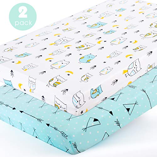 Product Cover Stretchy-Pack-n-Play-Playard-Sheets-Brolex 2 Pack Portable Mini Crib Sheets,Convertible Playard Mattress Cover for Baby Boys Gilrs,Ultra Soft Jersey Knit,Arrow & Owl