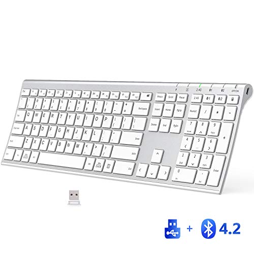 Product Cover iClever Bluetooth Keyboard - 2.4G Wireless Keyboard Rechargeable Bluetooth 4.2 + USB Multi Device Keyboard, Ultra-Slim Full Size Dual Mode White Keyboard for Mac, iPad, iPhone, Windows, Android, iOS