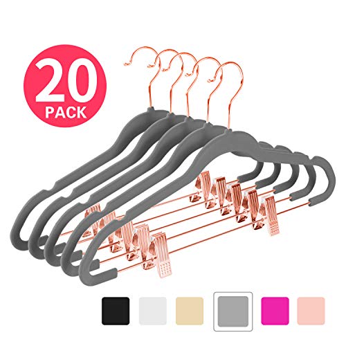 Product Cover MIZGI Premium Velvet Pants Hangers with Clips (Pack of 20) Slim Skirt Hangers- Non Slip Felt Outfit Dress Hangers Gray - Copper/Rose Gold Hooks,Space Saving Shirt Clothes Hangers