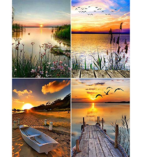 Product Cover HomeCraftology 4 Packs DIY 5D Diamond Painting Kits, Landscape Round Full Drill Diamond Arts for Home Wall Decor 12×16 INCH