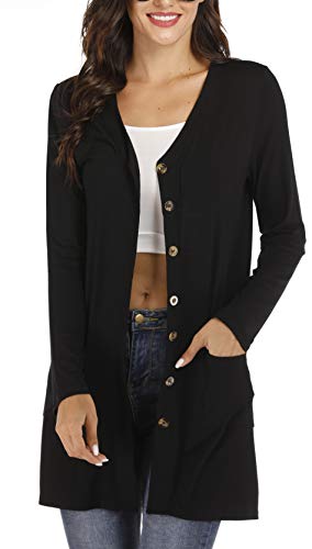 Product Cover Women Long Sleeve Cardigans Button Down Lightweight Open Front Cardigans (Black, M)