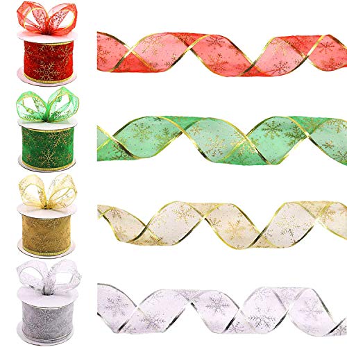 Product Cover Isbasa 60 Yards Wired Christmas Ribbon, 4 Colors Snowflake Organza Ribbon Sheer Glitter Ribbon, Christmas Tree Decoration or Gift Wrapping, 2-1/2-Inch by 15-Yard, 4 Rolls