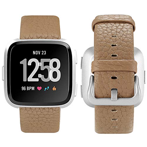 Product Cover iHillon Leather Bands Compatible with Fitbit Versa/Versa 2/Versa Lite/SE, Soft Genuine Leather Classic Replacement Straps Wristbands for Women Men, Light Brown+Silver Buckle