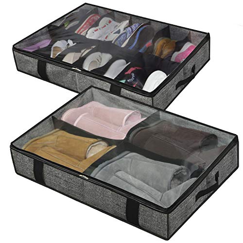Product Cover Onlyeasy Under Bed Shoe Storage Organizer for Closet - Set of 2, Fits 14+4 Pairs - Underbed Storage Solution Shoes Container Box with Clear Cover, Linen-Like Black, MXAUBS14S4