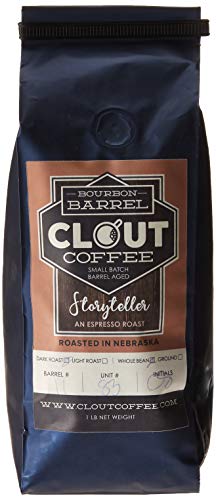 Product Cover Clout Coffee Bourbon Barrel Aged Coffee, Storyteller Espresso Roast, Whole Bean, One Pound Bag