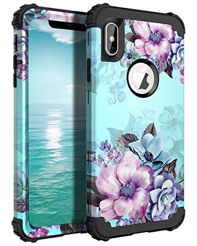 Product Cover Casetego Compatible iPhone X/Xs Case,Floral Three Layer Heavy Duty Hybrid Sturdy Armor Shockproof Full Body Protective Cover Case for Apple iPhone X/Xs,Blue Flower
