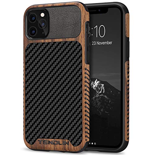 Product Cover TENDLIN Compatible with iPhone 11 Pro Max Case Wood Grain with Carbon Fiber Texture Design Leather Hybrid Case