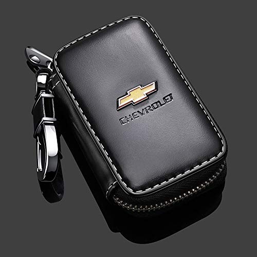 Product Cover Gaocar Auto Parts Car Key case for Chevrolet,Genuine Leather Car Smart Key Chain Keychain Holder Metal Hook and Keyring Zipper Bag for Remote Key Fob - Black (for Chevrolet)
