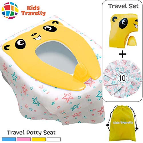 Product Cover Travel Potty Seat for Toddler - Travel Set of Folding Potty Training Seat & 10 Toilet Seat Covers Disposable. - Portable, Hygienic, Great For Outings. Makes Potty Training Easy. By KidsTravelly