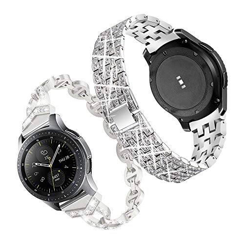 Product Cover Compatible for Galaxy Watch 42mm Band，20mm Women Bling Stainless Steel Metal Replacement Bracelet Strap for Samsung Galaxy Watch 42mm/Active 40mm/Active 2 44mm（2 Pack） (Silver)