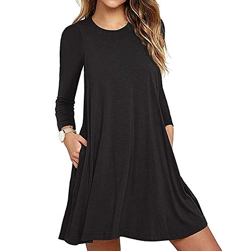 Product Cover lamibaby Women's Long Sleeve Pockets Casual Tunic Loose Swing T-Shirt Dress Round Neck Black