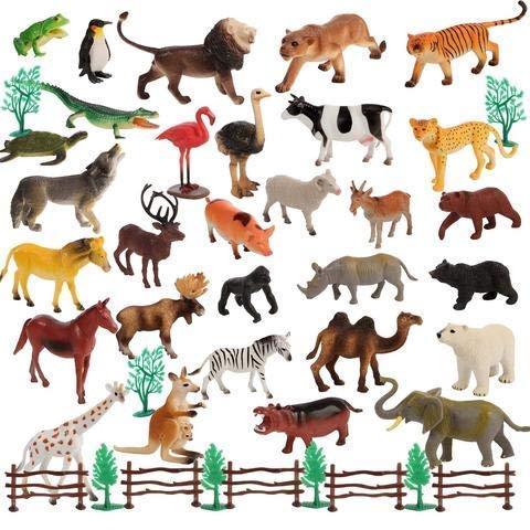 Product Cover kidzbell YIJUN Mini Jungle Realistic Wild Plastic Animal Figure Toys with Artificial Grass and Fencing Play Set for Boys and Girls -30 Pieces