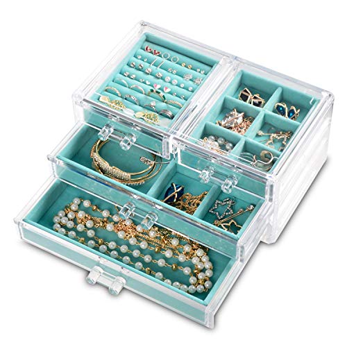 Product Cover Acrylic Jewelry Box 4 Drawers,Clear Jewelry Organizer Velvet Rings Necklaces Earring Bracelets Display Case Stand Holder Tray for Women Girls(Turquoise)