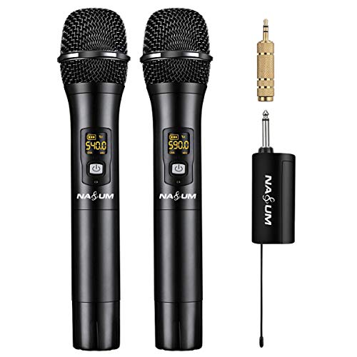 Product Cover NASUM Wireless Karaoke Microphone, Professional UHF Dual Channel Metal Dynamic Cordless Microphone, Handheld Wireless Mic with Rechargeable Receiver, for Singing, Karaoke, Wedding, Church