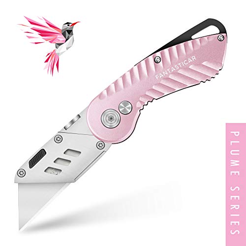 Product Cover FANTASTICAR Folding Utility Knife Gift Box Cutter Lightweight Plume Type Body with 5-Piece Extra Blades (Pink)