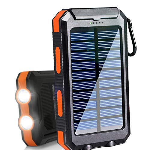 Product Cover Solar Charger 20000mAh Portable Outdoor Waterproof Mobile Power Bank, Backpack Camping External Backup Battery Pack Dual USB with 2 LED Flashlight Compass for iPhone Android