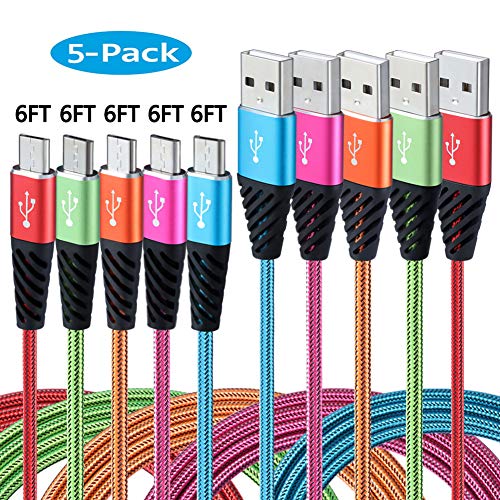 Product Cover Android Charger Cable Fast Charge,Nylon Braided Micro USB Cable 6FT 5-Pack Phone Charger Fast Charging Cord Compatible with Samsung Galaxy S6 S7 Edge J3 J7,LG,HTC,Motorola,Sony,Xbox One,PS4,Bynccea