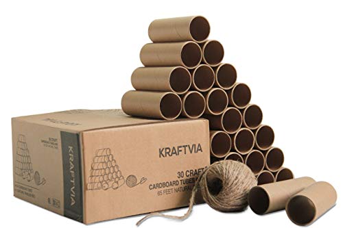 Product Cover 30 Pack Kraftvia Craft Tubes with 65 Feet Natural Jute Twine - Brown Cardboard Tubes for DIY Crafts - 4.5 x 1.6 Inches - Made of Sturdy, Premium Cardboard - Ideal Supplies for Art and Science Projects