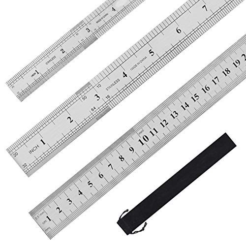 Product Cover Stainless Steel Ruler, 3 Pcs Double-Scale Metal Ruler with Storage Bag, 6 Inch/15cm, 8 Inch/20cm and 12 Inch/30cm Metric Ruler for School, Office, Architect, Engineers, Craft (Silver)