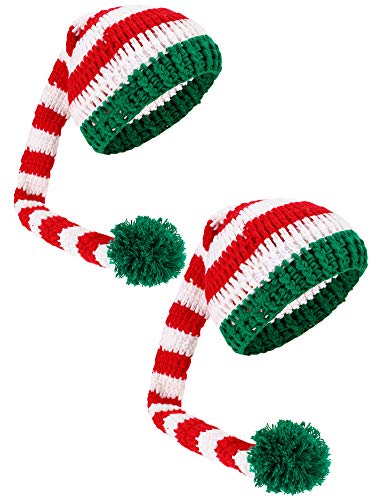 Product Cover Boao 2 Pcs Christmas Long Tail Hat Santa Pom-pom Knit Beanie Hat for Christmas(Green)