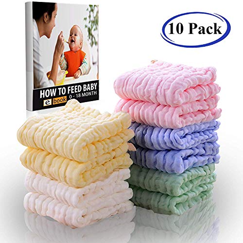 Product Cover Premium Baby Washcloths and Towels for Sensitive Skin, 100% Organic Cotton Muslin Baby Burp Cloths, Baby Shower Towels, 10 Pack 10 x 20 inch,6 Layers Extra Absorbent Organic Cloth Diapers