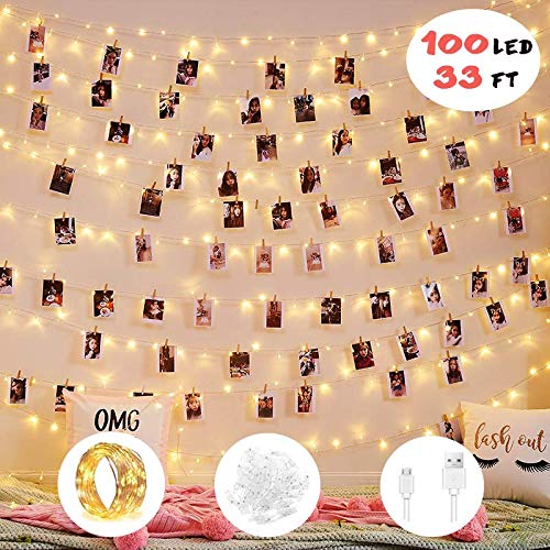 Product Cover 2019 Upgrade Version 100 LED Photo Clip String Lights -Fairy String Lights - 8 Modes Waterproof USB/Battery Powered Decor Lights with 100 Clear Clips for Birthday Party Bedroom Wall Decor Wedding