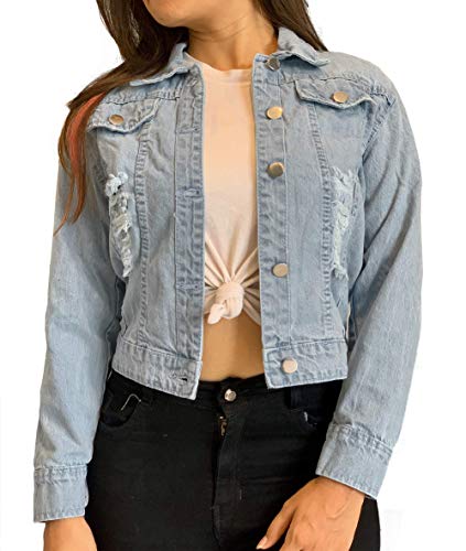 Product Cover Shocknshop Ripped Saint Blue Regular Fit Crop Denim Jacket for Women (JKT26)