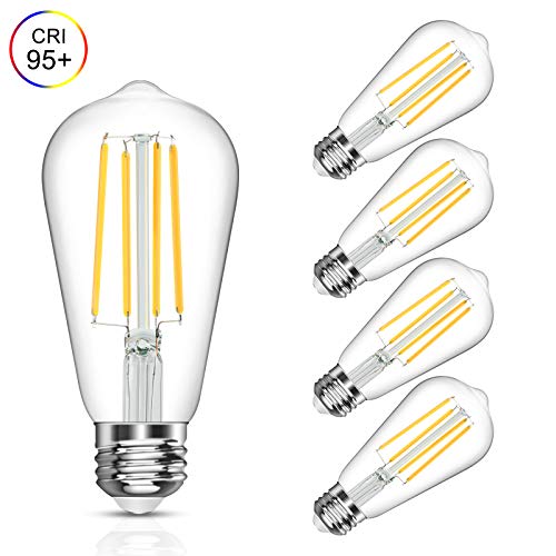 Product Cover Vintage LED Edison Bulb, 6W, Equivalent 60W, Daylight White 4000k, Non-Dimmable Led Filament Light Bulb, E26 Base, High CRI 95+ Led Bulb, Clear Glass for Bathroom Kitchen Dining Room, Pack of 5