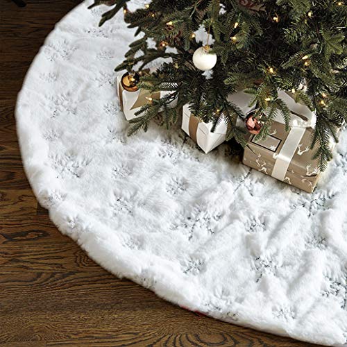Product Cover Christmas Tree Skirt - 48 inches Large White Luxury Faux Fur Tree Skirt Christmas Decorations Holiday Thick Plush Tree Xmas Ornaments (White/Sliver)
