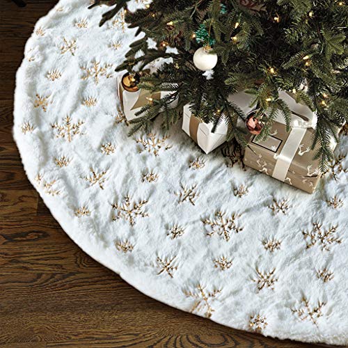 Product Cover Christmas Tree Skirt - 48 inches Large White Luxury Faux Fur Tree Skirt Christmas Decorations Holiday Thick Plush Tree Xmas Ornaments (White/Gold)